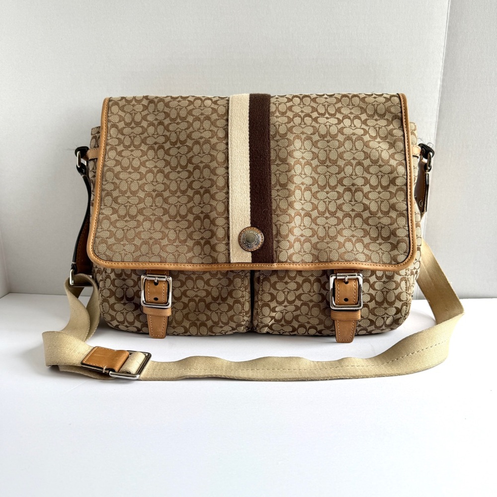 Coach Tan and Brown Laptop Messenger Bag Signature Logo Canvas